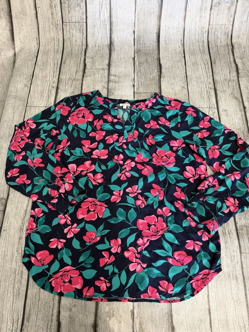 Women’s Talbots Floral Split Neck Long Sleeve Blouse Sz Large Navy/Pink/Green